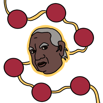 the face of an elder, based on the face of Miriam-Rose Ungunmerr-Baumann, outlined in yellow. the face is in the middle of a long, winding yellow line with red circles spaced along it, representing generations of culture and teaching.